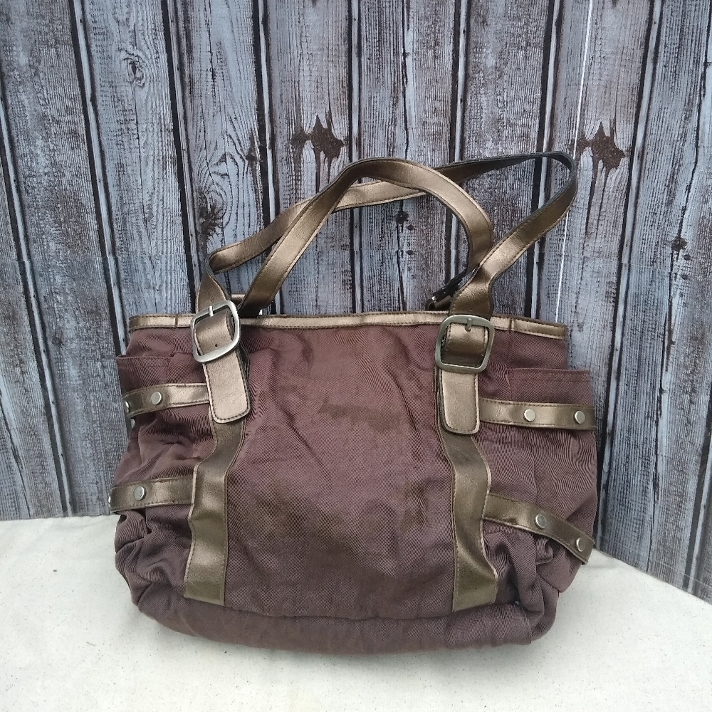 Rip Stop Nylon Faux Leather Buckle & Strap 3 Compartment Shoulder Bag - Picture 2 of 15